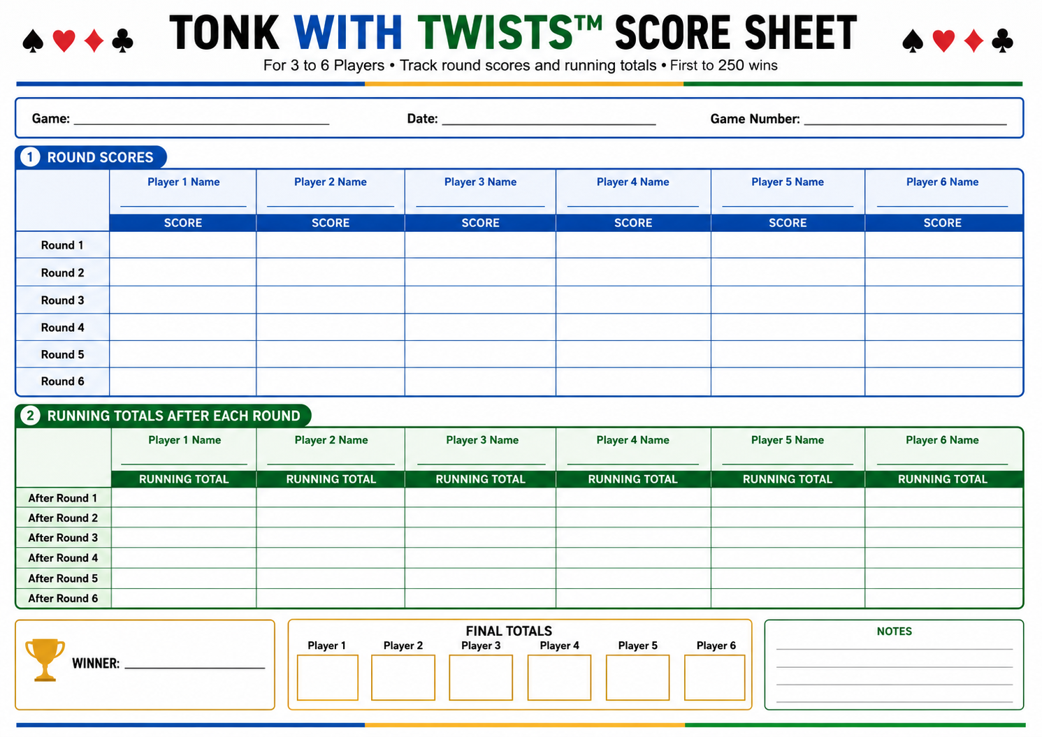 Tonk With Twists Score Sheet